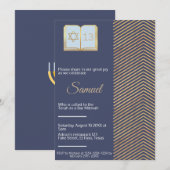 Bar mitswa uitnodiging: Blauw en goud ontwerp Kaart (Voorkant / Achterkant)