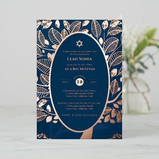 Bar Mitswa uitnodiging ECHT FOLIE Boom des Levens  (Staand Voorkant)