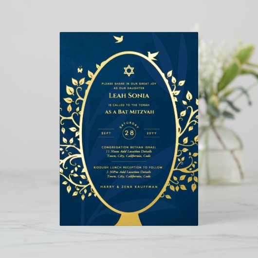 Bar Mitswa uitnodiging ECHT FOLIE Boom des Levens  (Staand Voorkant)