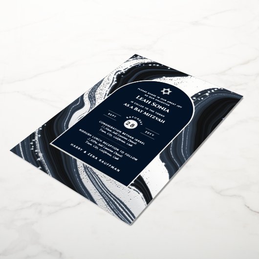 Bar Mitswa uitnodiging echte folie agaat goud blau (Gedraaid)