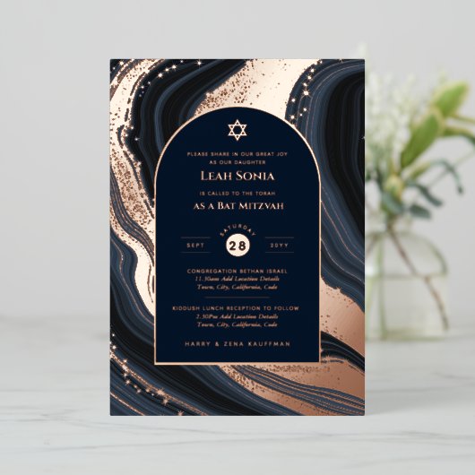Bar Mitswa uitnodiging echte folie agaat goud blau (Staand Voorkant)
