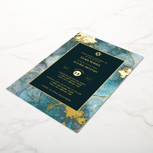 Bar Mitswa uitnodiging echte folie agaat goud blau (Gedraaid)