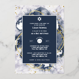 Bar Mitswa uitnodiging Echte Folie Agate Goud Blau