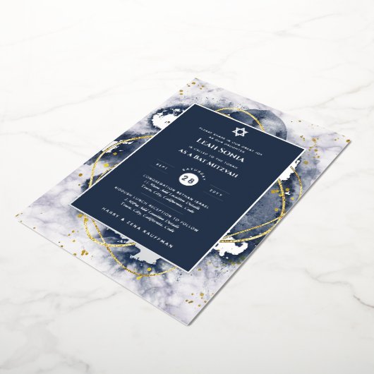 Bar Mitswa uitnodiging Echte Folie Agate Goud Blau (Gedraaid)