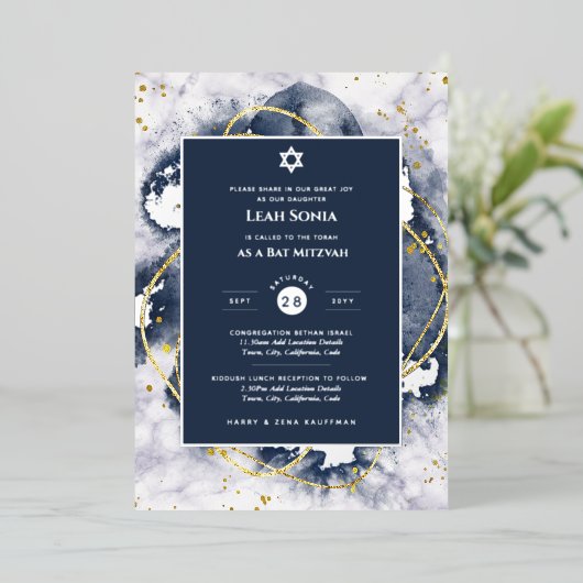Bar Mitswa uitnodiging Echte Folie Agate Goud Blau (Staand Voorkant)