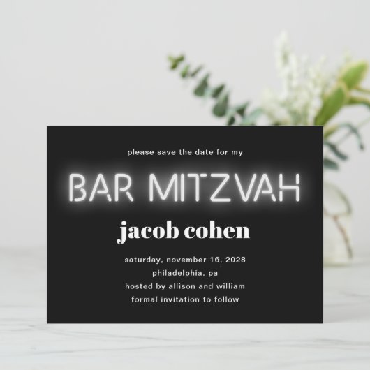Bar Mitswa witte neonlichten Save The Date Kaart (Staand voorkant)