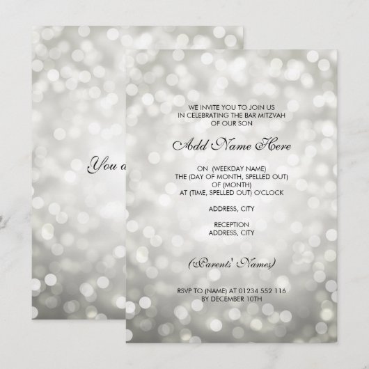 Bar Mitswa Zilveren glitterlampjes Kaart (Voorkant / Achterkant)