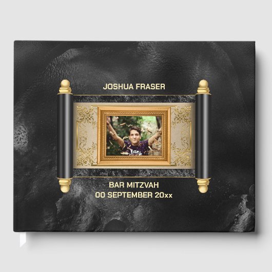 Bar mitswa zwart marmer goud scroll elegante foto gastenboek (Voorkant)