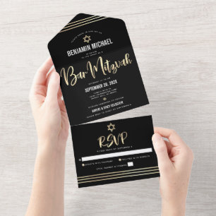 Bar Mitswa Zwarte Gouden Folie Script Tallit Moder All In One Uitnodiging