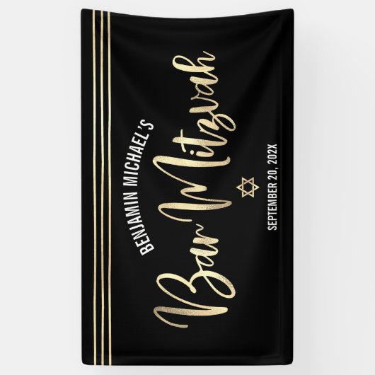 Bar Mitswa Zwarte Gouden Folie Script Tallit Moder Spandoek (Verticaal)