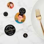 Bar Mitzvah 2 Foto Zwart Goud Tallit Script vet Confetti<br><div class="desc">Voeg wat extra stijl toe aan je favoriete Bar Mitswa-feest met deze aanpasbare tafelconfetti! Grafische faux gouden folie handgeschreven script typografie, met de hand getekende tallit lijnen, Star of David en vet, wit zonder serif typografie overlay een verfijnde, dramatische zwarte achtergrond aan de ene kant. De foto’s van Bar Mitswa...</div>