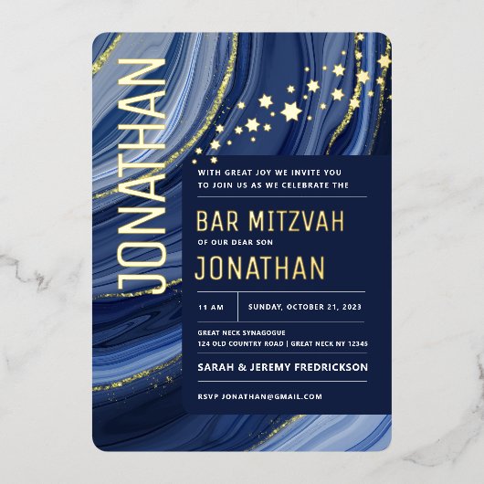 Bar Mitzvah Agate Marble REAL GOLD Foil Invitation Folie Uitnodiging (Voorkant)