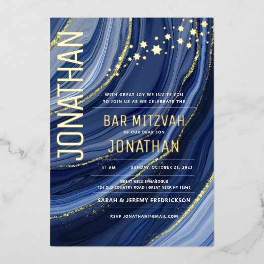 Bar Mitzvah Agate Marble REAL GOLD Foil Invitation Folie Uitnodiging (Voorkant)