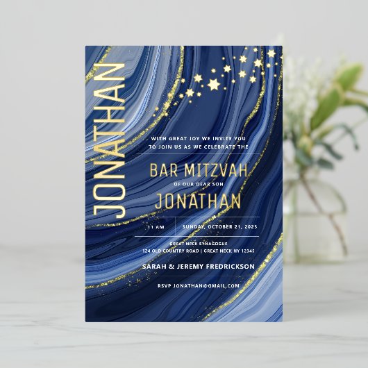 Bar Mitzvah Agate Marble REAL GOLD Foil Invitation Folie Uitnodiging (Staand Voorkant)