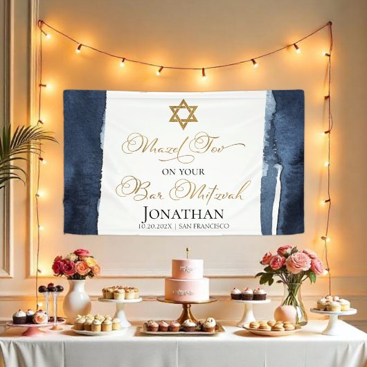 Bar Mitzvah Banner | Navy Blue Waterverf Abstract