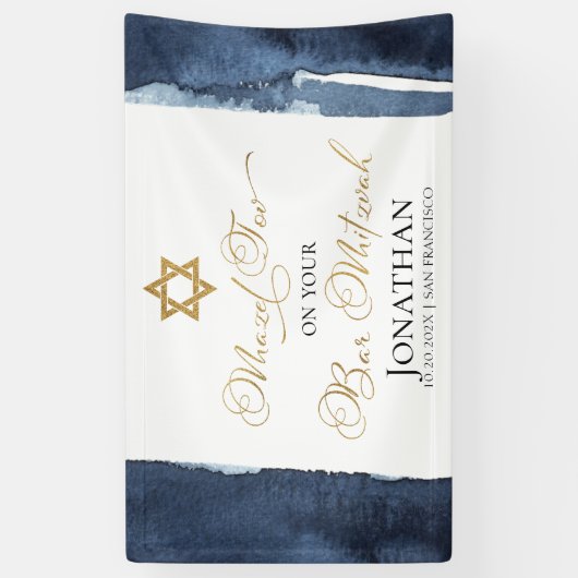 Bar Mitzvah Banner | Navy Blue Waterverf Abstract (Verticaal)