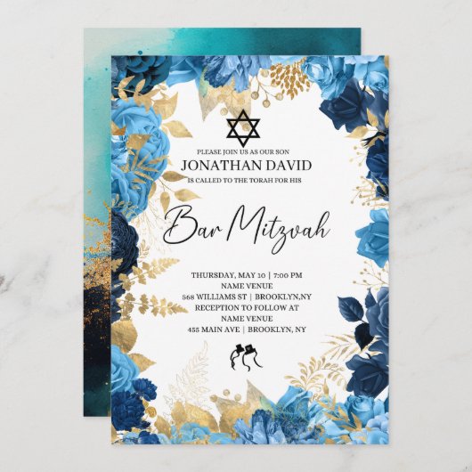Bar Mitzvah\Bat Mitzvah,Birthday,Blue Gold Star Kaart (Voorkant / Achterkant)