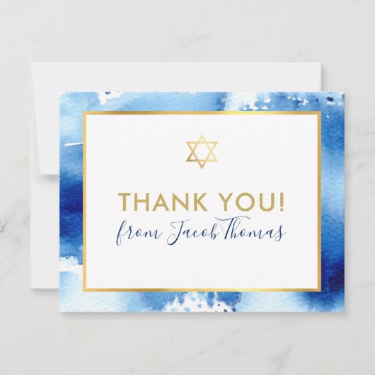 BAR MITZVAH bedankt gouden ster blauw waterverf (Voorkant)