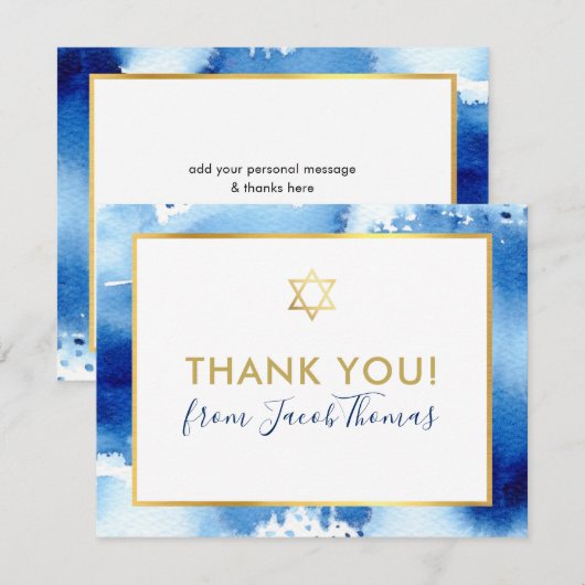 BAR MITZVAH bedankt gouden ster blauw waterverf (Voorkant / Achterkant)