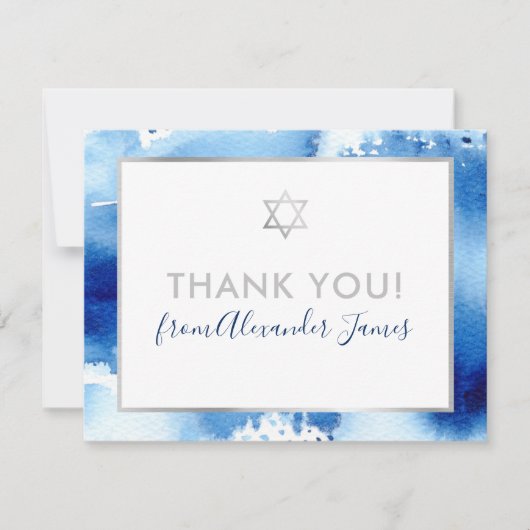 BAR MITZVAH bedankt zilveren ster blauw waterverf (Voorkant)