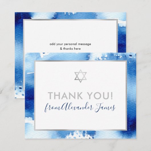BAR MITZVAH bedankt zilveren ster blauw waterverf (Voorkant / Achterkant)