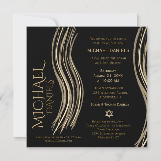 Bar Mitzvah Black en Gold Prayer Shawl Uitnodiging (Voorkant)
