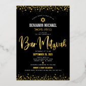 Bar Mitzvah Black Modern Script Stylish Real Gold Folie Uitnodiging (Voorkant)