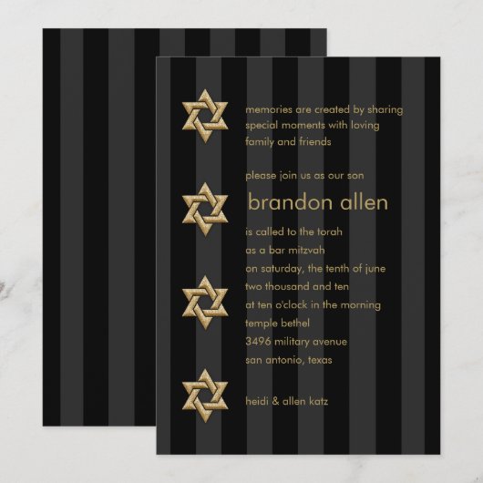 Bar Mitzvah Black Stripe Gold Star Kaart (Voorkant / Achterkant)