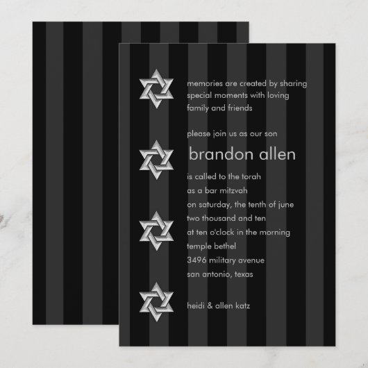 Bar Mitzvah Black Stripe Silver Star Kaart (Voorkant / Achterkant)