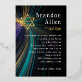 Bar Mitzvah Blauw en Gouden Stralen Folie Uitnodiging (Voorkant)