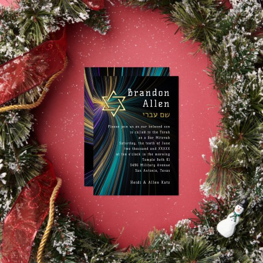 Bar Mitzvah Blauw en Gouden Stralen Folie Uitnodiging (Insitu)