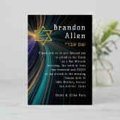 Bar Mitzvah Blauw en Gouden Stralen Folie Uitnodiging (Staand Voorkant)