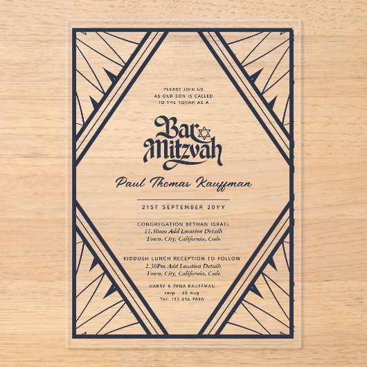 BAR MITZVAH Blauw Goud Duidelijke Luxe Minimalist Acryl Uitnodigingen (Voorkant)