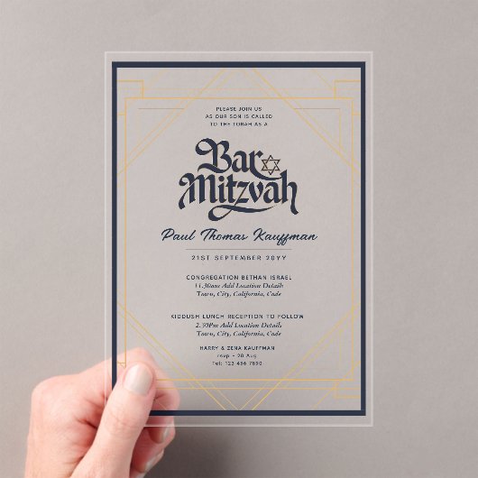 BAR MITZVAH Blauw Goud Elegant Helder Minimalistis Acryl Uitnodigingen (Insitu (Draagbaar))