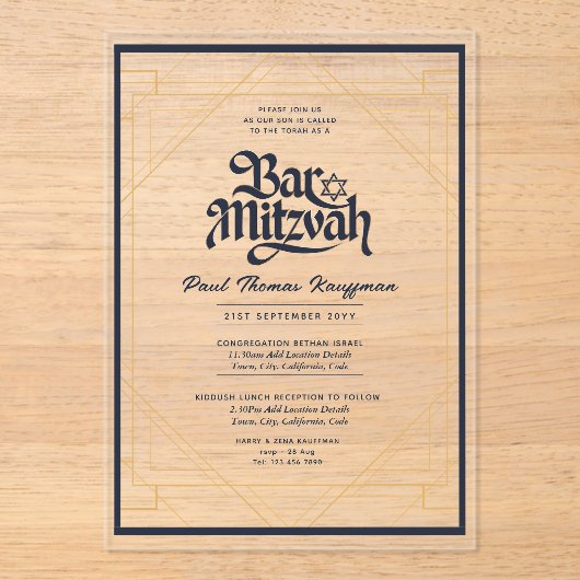 BAR MITZVAH Blauw Goud Elegant Helder Minimalistis Acryl Uitnodigingen (Voorkant)