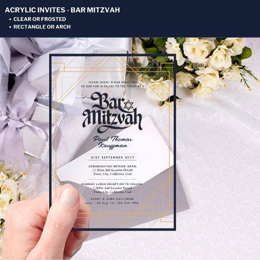 BAR MITZVAH Blauw Goud Elegant Helder Minimalistis Acryl Uitnodigingen