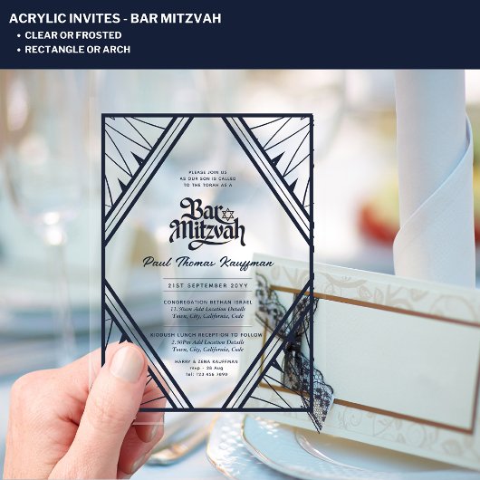BAR MITZVAH Blauw Goud Helder Luxe Minimalistisch Acryl Uitnodigingen