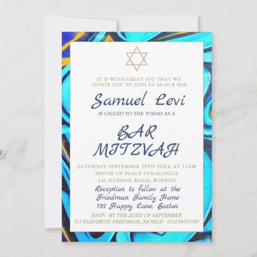 Bar Mitzvah Blauwe Ster van David Joodse Uitnodigi Kaart (Voorkant)