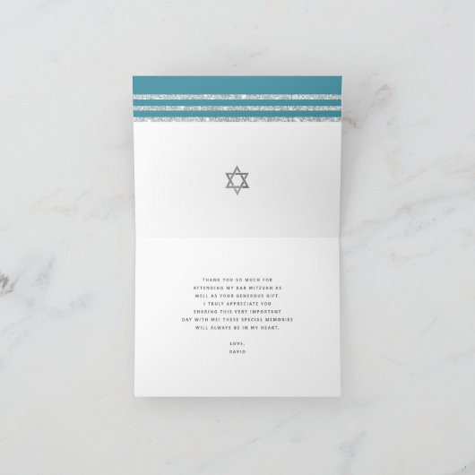 Bar Mitzvah Blauwgroen Zilver Tallit Script Modern Bedankkaart (Binnen)