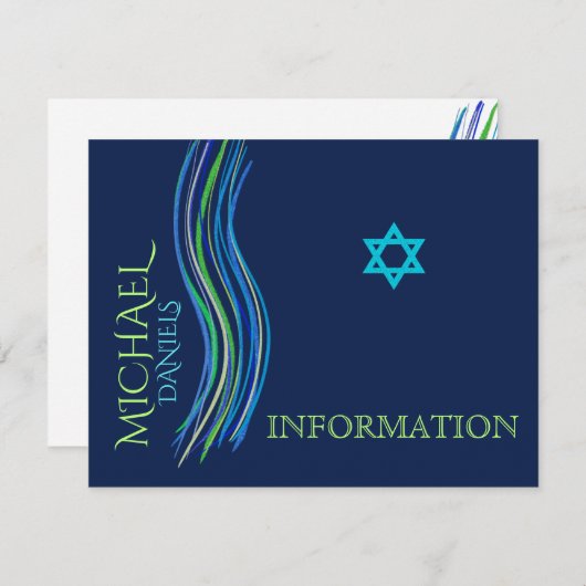 Bar Mitzvah Blue en Green Information Card Informatiekaartje (Voorkant / Achterkant)