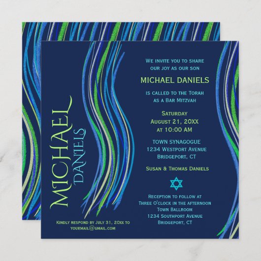 Bar Mitzvah Blue en Green Prayer Shawl Invitation Kaart (Voorkant / Achterkant)