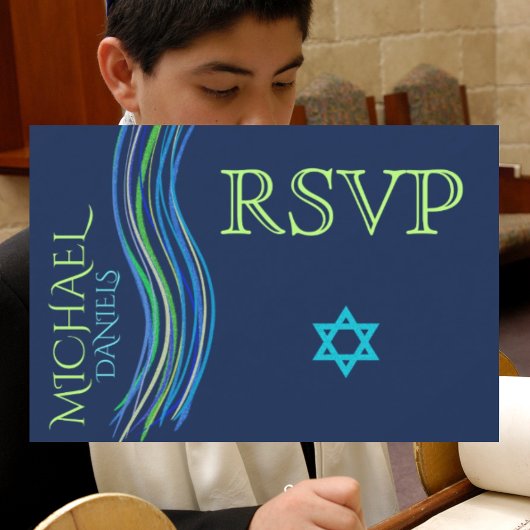 Bar Mitzvah Blue en Green Prayer Shawl RSVP Kaartje