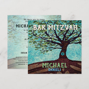 Bar Mitzvah Blue en Green Tree of Life Kaart