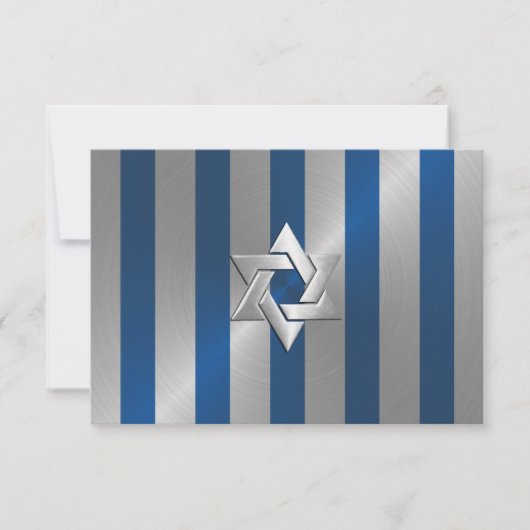 Bar Mitzvah Blue en Silver Stripe Star van David RSVP Kaartje (Voorkant)