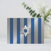 Bar Mitzvah Blue en Silver Stripe Star van David RSVP Kaartje (Staand voorkant)