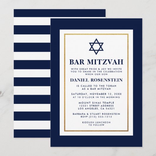 Bar Mitzvah Blue en White Striped Gold Kaart (Voorkant / Achterkant)