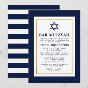 Bar Mitzvah Blue en White Striped Gold Kaart