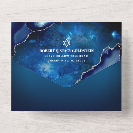 Bar Mitzvah Blue Galaxy Agaat Waterverf Script All In One Uitnodiging (Achterkant)