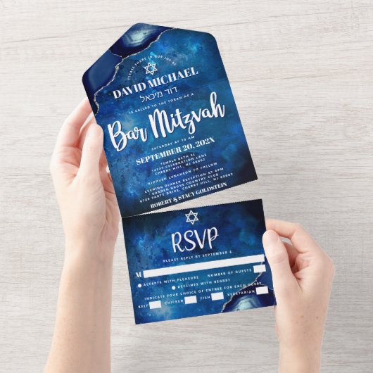 Bar Mitzvah Blue Galaxy Agaat Waterverf Script All In One Uitnodiging (Afscheurbaar)