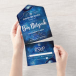 Bar Mitzvah Blue Galaxy Waterverf Agate Script All In One Uitnodiging<br><div class="desc">Wees trots, blij en toon deze mijlpaal van je favoriete Bar Mitzvah! Verzend uit deze koele, unieke, moderne, douane alle-in-één uitnodiging voor een gebeurtenis om te herinneren. Witte scripttypografie en ster van David bedekken een diepe blauwe achtergrond van de waterverf van het sterrenstelsel met een stalen blauw agaat dat voorzien...</div>